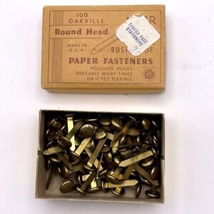 Vtg Oakville Round Head Brass Brads Paper Fasteners USA Rust Proof 81 Count
